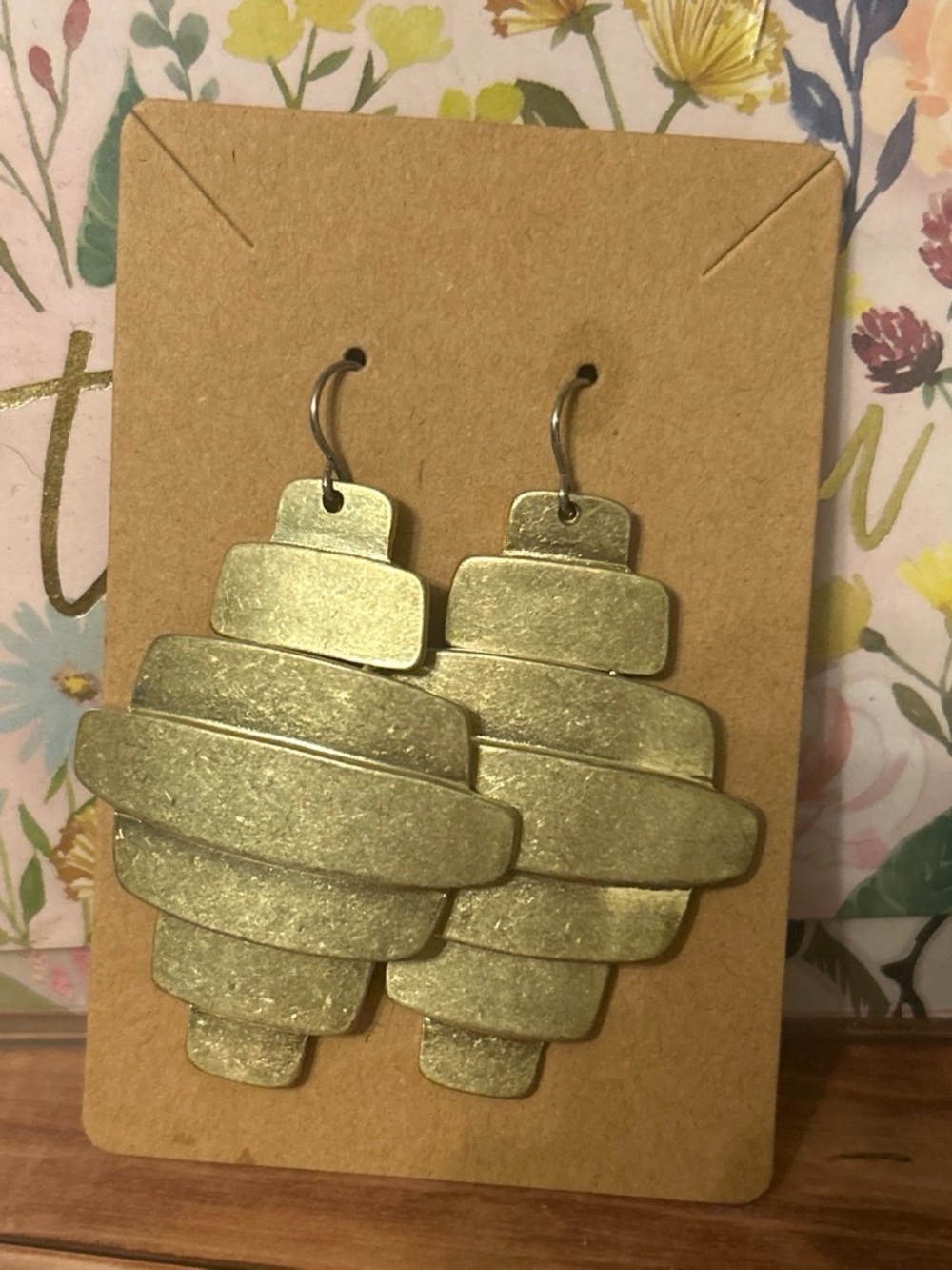 Layered Geometric Drop Earrings in Antiqued Gold